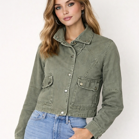 Margot Sage Green Cropped Utility Jacket Snap Front Cotton Small